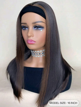 16-inch long bob straight headband wig made from human hair blend, no glue, ready-to-wear natural look