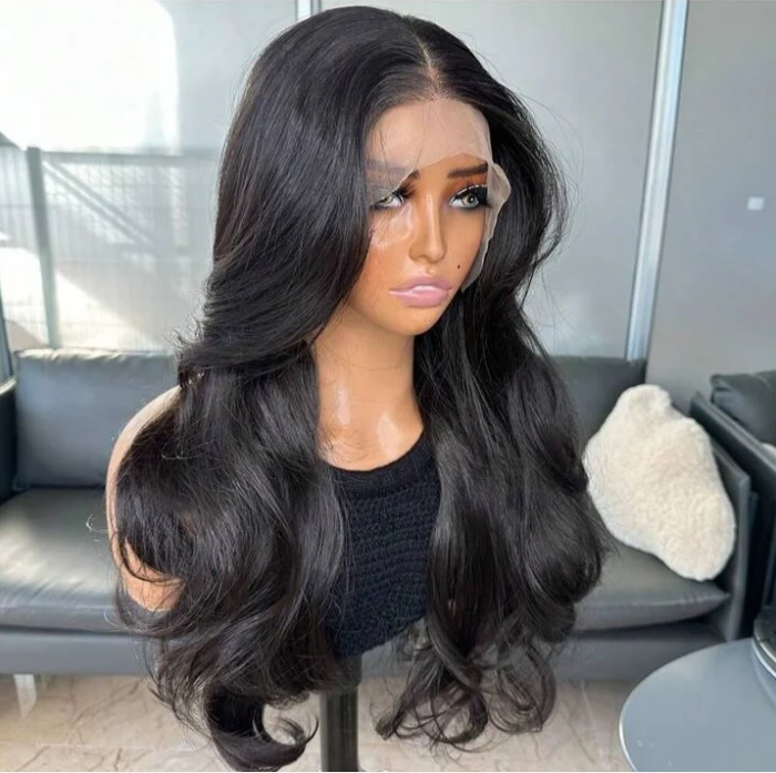 Long black wavy wig with bangs