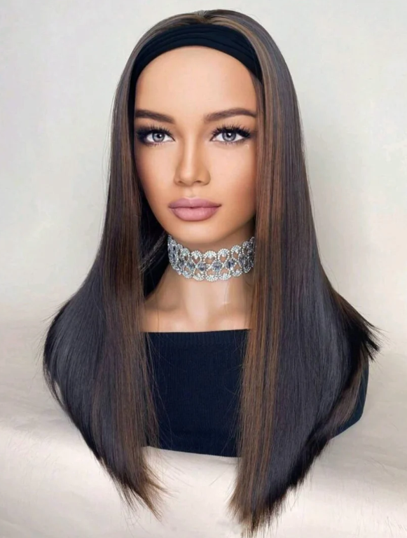 Front view of 16-inch long bob straight headband wig made from human hair blend, no glue, ready-to-wear natural look