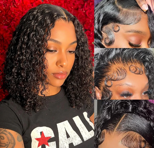 5x5 glueless deep curly human hair wig worn by model showing natural hairline
