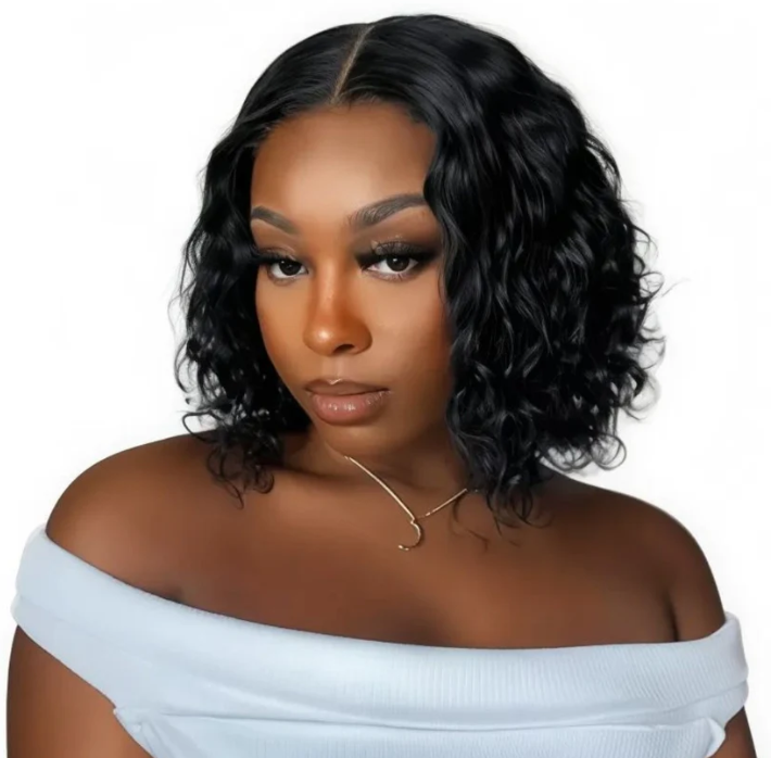 10 inch brazilian deep wave curly bob wig glueless lace closure worn by model