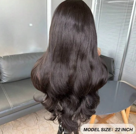 22-Inch Natural Black Curtain Bangs Lace Front Wig | Human Blend | Body Wave