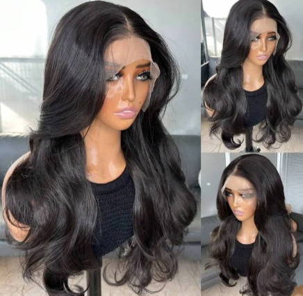 22-Inch Natural Black Curtain Bangs Lace Front Wig | Human Blend | Body Wave