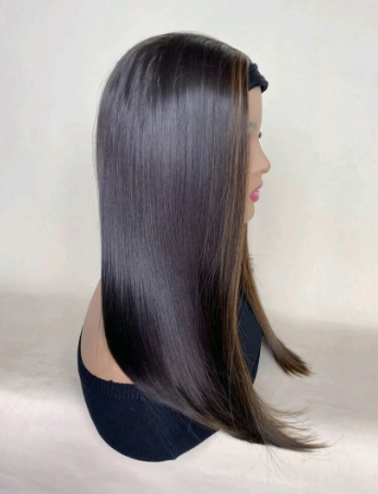 Side view of 16-inch straight long bob headband wig showing sleek, smooth and natural finish